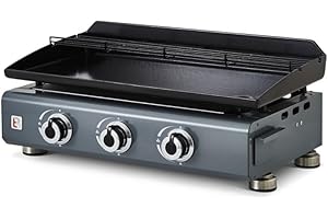 BRASERO - Plancha gaz Silvia II G 3 Feux Gun metal Brasero - Surface cuisson 67 x 34 cm - 3 brûleurs - Plaque fonte - Grille de réchauffement - Tiroir graisse - Jusqu'à 10 convives - 7,5 kW