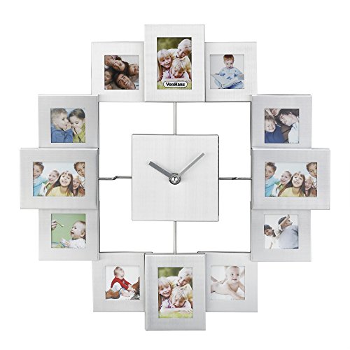 VonHaus Fotorahmen Bilderrahmenuhr Uhr Aluminium Silber Für 12 Fotos