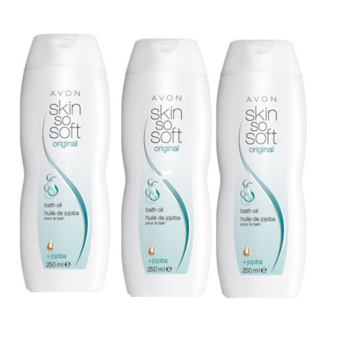 3 x AVON SKIN SO SOFT ORIGINAL BATH OIL WITH JOJOBA OIL ~ 250ml.