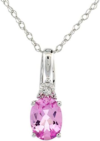 Revoni 9ct White Gold 18 in. Thin Chain &amp; 11/16 in. (17mm) tall Stone Pendant, w/ Illusion Set Brilliant Cut Diamond &amp; Oval Cut (8x6mm) Lab Created Pink Sapphire Stone