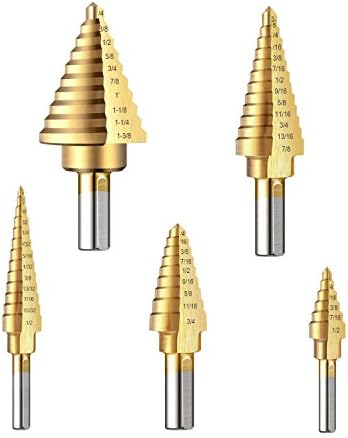Nrpfell Step Drill Bit Set, Titanium Coated HSS Step Cone Drill Bits with Automatic Center Punch,Cutting Fasterl-5pcs Different Step Drills Including 50 Step Size