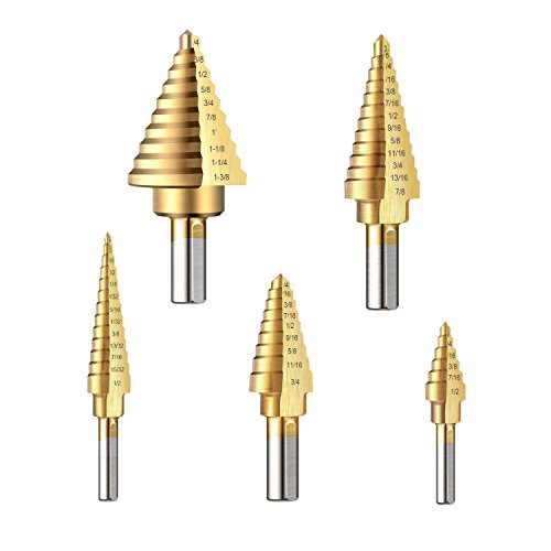 Nrpfell Step Drill Bit Set, Titanium Coated HSS Step Cone Drill Bits with Automatic Center Punch,Cutting Fasterl-5pcs Different Step Drills Including 50 Step Size