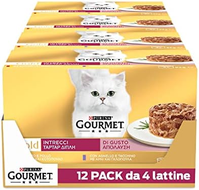 GOURMET Gold Intrecci di gusto Cibo Umido per Gatti Adulti Tortino con Pollo, Manzo, Tacchino e Agnello 48 Lattine da 85g