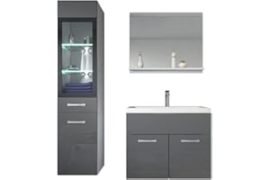 BADPLAATS B.V. Badezimmer Badmöbel Set Rio LED 60cm Waschbecken Hochglanz Grau Fronten - Unterschrank Hochschrank Waschtisch Möbel