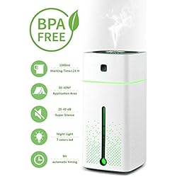 2 EN 1 Humidificateur Bébé 1000ml Chenci Humidificateur d'Air Chambre 30-40 M² Ultrasonique Silencieux,7 Couleurs Lampe de Chevet,9H Arrêt Automatique