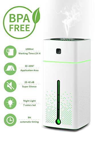 2 EN 1 Humidificateur Bébé 1000ml Chenci Humidificateur d'Air Chambre 30-40 M² Ultrasonique Silencieux,7 Couleurs Lampe de Chevet,9H Arrêt Automatique