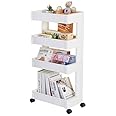PYU ENJOY SHOPPING 4 Tier Storage Cart Mobile Shelving Unit Organizer Slide Out Storage Rolling Utility Cart Tower Rack for Kitchen Bathroom Laundry, Plastic, White