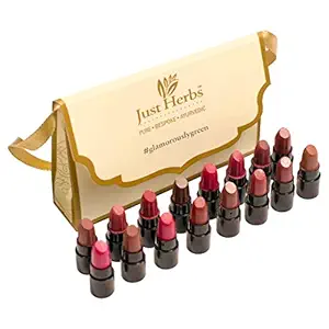 Just Herbs Ayurvedic Creamy Matte Lipstick Set For Lip Hydrating & Moisturizing, Suitable For All Indian Tones 38gm ( Pack of 16)