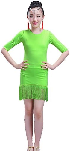 YI WOELD Child Latin Dance Costumes girl cotton tassel dress orange green red black , green , 150cm