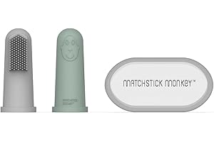 Matchstick Monkey Finger Toothbrushes with Carry Case, Designed for Teething Babies, Antimicrobial Protection, 3 Months +, Grey & Mint Green