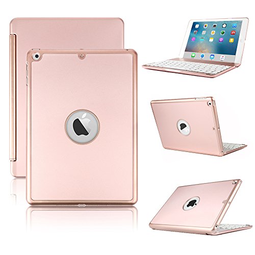 KVAGO Custodia per Tastiera iPad 9.7 2018/2017, Alluminio 7 Colori Backlit Cassa Astuta per Funzione Sleep/Sveglia Astuccio Senza Fili della BluetoothTastiera, Rosa Oro