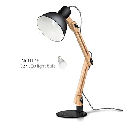 Tomons Décoration Lampe de Table Lampe de Bureau Salon Design Original Lampe en Bois Architecte Moderne Réglable Luminaire Industrielle à Poser, Noire