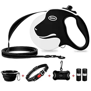 QiMH Retractable Dog Leash, 360? Tangle-Free Heavy Duty 16ft Reflective Walking Dog Leash Ribbon with Anti-Slip Handle for Medium and Large Dogs Up to 110lbs, One-Handed Brake, Pause and Lock