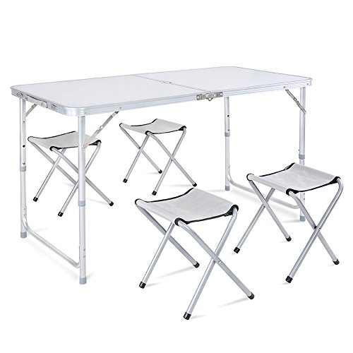 4FT Folding Outdoor Camping Kitchen Work Top Table with 4 Folding Stools