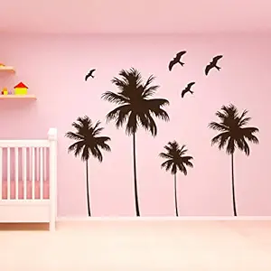 StickMe Coconut Tree Birds Wall Sticker  -SM418 (Multi Colour, Vinyl - 150cm X 70 cm )