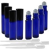 Rybak3 10ml New Best Quality Glass Roll On Bottles, Frosted Blue - Set of 8 Pack with Roller Ball, Black Lid, and 4 EXTRA 3ml PIPETTES Included!
