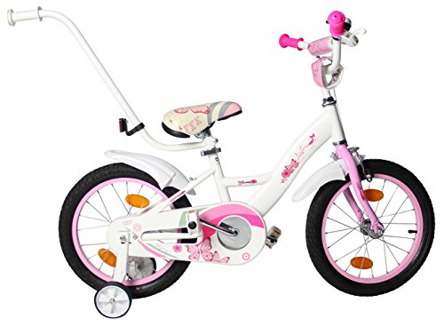 Clamaro ‚Butterfly 2017‘ Kinderfahrrad 12, 16 oder 20 Zoll für Mädchen mit Schiebestange und Stützrädern, inkl. Rücktrittbremse gemäß DIN EN 14765:2005, Mädchenfahrräder für 3, 5 oder 6 Jährige – Farbe: Butterfly Weiß/Rosa - 2