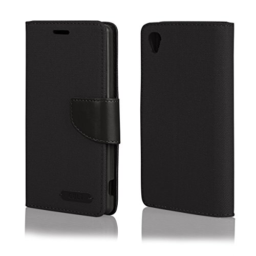 EGO® Bookstyle Handy Tasche mit praktischer Aufstellfuntkion für Sony Xperia M4 Aqua Schwarz Flip Case Magnetverschluss Book Cover mit Kartenfach Wallet Stand Schutz Hülle Canvas - 4