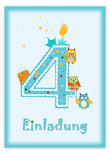 Einladungskarten Kindergeburtstag zum 4. Geburtstag in blau mit Eulen, incl. passender Umschläge - 2