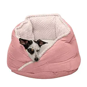 Furhaven Pet Bed for Cats and Small Dogs - Minky Plush and Velvet Wraparound Calming Hug Bed, Washable, Soft Pink, 18-Inch