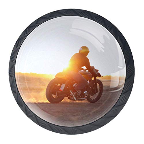 Motorcycle Sports Sunrise 4 Pieces Crystal Glass Wardrobe Handles Wardrobe Knobs Cupboard Drawer Knobs Door Knobs with Screw Best Birthday Gift Festival Gift for Children 1.38×1.10in