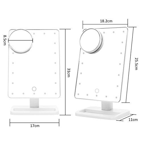 Ovonni L207A LED Touch Screen Kosmetikspiegel mit 10X Lupe 20 LEDs beleuchteter Schminkspiegel Rasierspiegel Dimmbar Batteriebetrieben weiß - 6