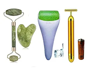MORVIKA T-Shaped Energy Beauty Bar Gold Electric Vibration Facial Massage With Anti Aging 100% Natural Jade Stone Facial Roller With Gua Sha Tools. Face and Body Massager, ice Roller Face Massager