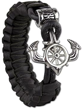 Schwarzes Lederarmband mit Anker und Steuer aus Edelstahl Maritim