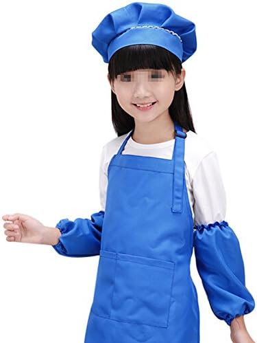 Stofirst Professional Kids Waterproof Anti-oil Chef Set( Apron + Hat + Sleeves) Boys Girls Soft Skin-friendly Drawing Playing Eating Apron for 7-12 Years Old Children(L,Deep blue)
