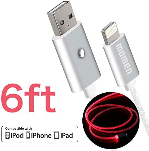momen Lighting Charging Cable, 2m/6ft Long Phone Charger Cable with LED Light Compatible For Phone Xs Max XR X 8 7 Plus 6s 6s Plus 6 6 Plus 5s 5c 5 Pad/Swith On/Off - Red