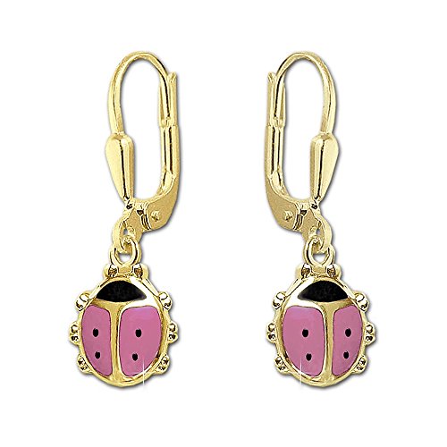 CLEVER SCHMUCK Goldene Mädchen Ohrringe als Ohrhänger Marienkäfer rosa schwarz lackiert glänzend 333 GOLD 8 KARAT im Etui rosa