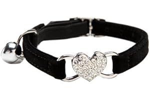 Collar de gato con campana de Chukchi, hecho de terciopelo suave y seguro, ajustable, con corazón de cristal, de 20 a 28 cm