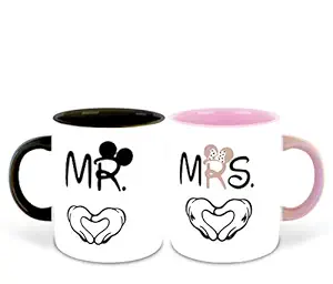 DecorVecor Mr. Mrs | Love | Anniversary | Birthday | Couple | Black & Pink Inner Colour Set of 2 Coffee Mug- Gift for Boyfriend, Gift for Girlfriend, Best Gift, Gifts, (Multi 2)