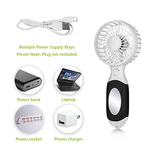 LIFU Mini USB Handverntilator Leise Tragbar Elektrische persönlichen Vielzweck-Fan mit Spiegel LED Licht und Wiederaufladbare 18650 Batterie für Hause und Büro, Innen- und Außenbereich - 7