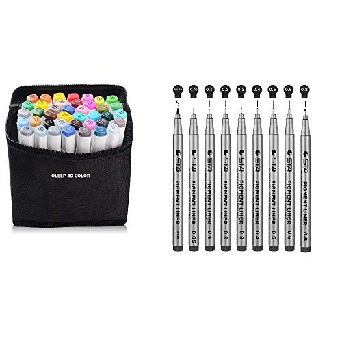 OLEEP 9 Negro Rotuladores de Punta Fina con Pincel, 40 Colores Arte Dibujo Rotulador, para el artista Dibujo profesional Manga Scrapbooking