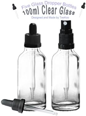  Five Glass Dropper Bottles with Child Proof Caps + 5 Additional Atomizer/Spray Caps (Clear Glass, 100ml)