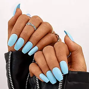Campsis Glossy Fake Nails Acrylic Coffin Shape Nail Full Cover Medium Nails Punk Clip on Nail for Women and Girls(24 PCS) (Light blue)