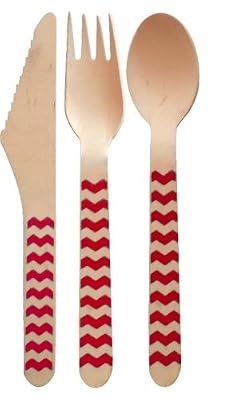 Kraftz® Lot de 30 couverts jetables en bois pour fêtes avec 10 fourchettes 10 cuillères 10 couteaux de 16 cm de longueur Motifs à pois/rayures/zigzag