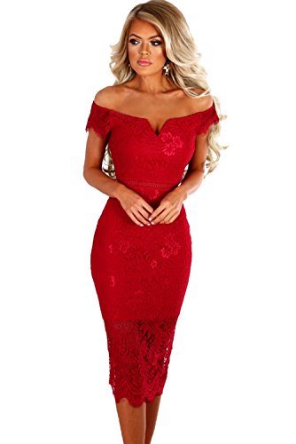 shelovesclothingWomen's New Off-Shoulder Sweet Heart Lace Bardot Stretch Midi Dress (UK XLarge 20-22, Red)