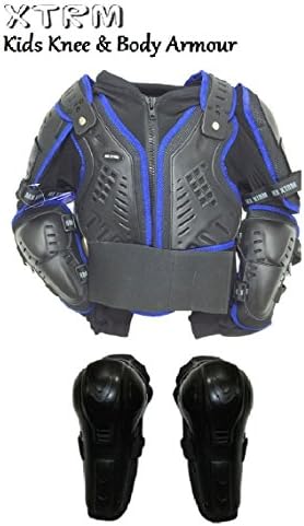 MOTORBIKE XTRM KIDS OFF ROAD Motocross Quad Body Armour Jacket Black/Blue (CE Approved) + HINGED KNEE