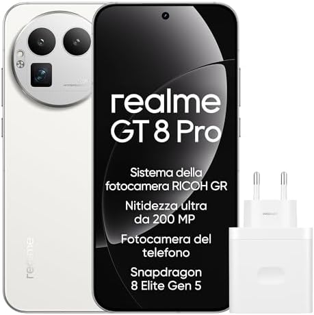 realme GT 8 Pro Smartphone 12GB+256GB, Sistema della fotocamera RICOH GR, Nitidezza ultra da 200 MP Fotocamera del telefono, Snapdragon 8 Elite Gen 5, Batteria da 7.000 mAh, Bianco(con adattatore)