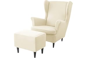 JHLD Stretch Husse für Ohrensessel Mit Ottomane Schonbezug, Spandex Husse für Ohrensessel Mit Hockerbezug Mit elastischem Boden Ohrensessel Schonbezug -Beige B-3 Stück