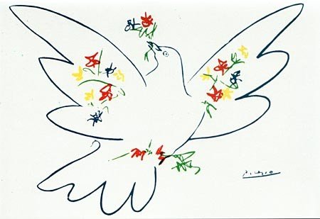 Kunstkarte Picasso Taube mit bunten Blumen