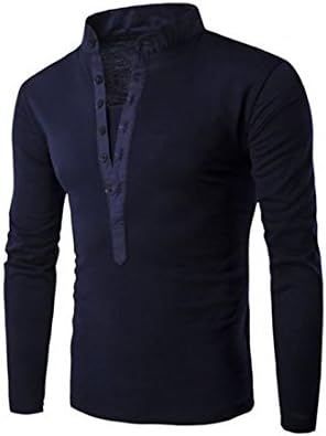 SBOYS Mens Casual Henley T-Shirts Long Sleeve Polo T Shirts Plain Button Cotton V Neck Solid (Dark Blue,XXXL)