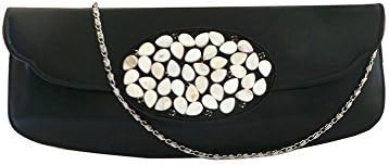 Bhamini Black Synthetic PU Clutch with Oval Shell Brooch