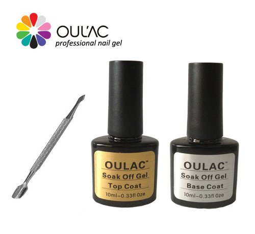 OULAC Top and Base Coat Soak Off UV LED Nail Gel Polish - Twin Pack with Cuticle Pusher