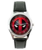 taport® Deadpool Quarzuhr Marvel schwarz Echt Leder Band + Gratis Ersatz Batterie + Gratis Geschenkverpackung