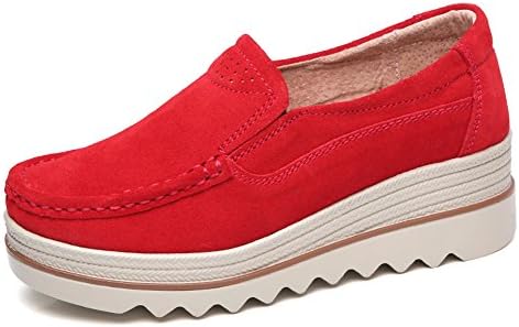 Lakerom Women's Slip On Loafers Platform Comfort Suede Moccasins Wide Low Top Wedge Shoes Work Shoes LRWO0088-Red-38