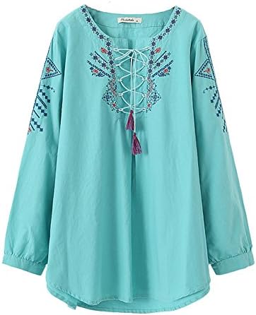BOOVEE LADY Women's Drawstring-Neckline Embroidered Boho Pullover Blouse Shirt Top