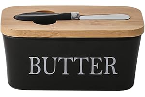 Rummyluck 600ML Beurrier en Céramique avec Coupe-Beurre, Conteneur de Beurre en Porcelaine avec Couvercle en Bambou, Joint en Silicone Amovible, Noir